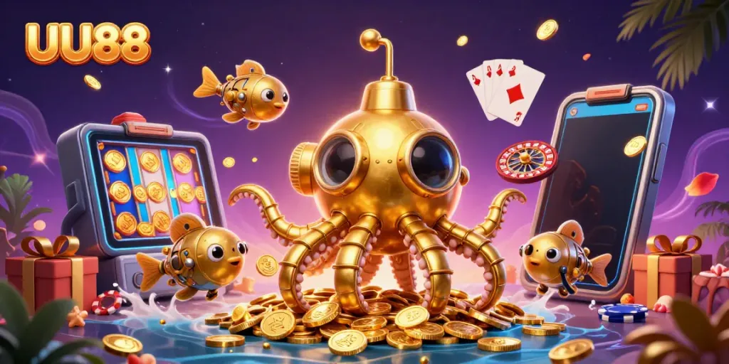 Experience excitement with UU88 as the golden kraken submarine explores an ocean of playful coins and vibrant games.