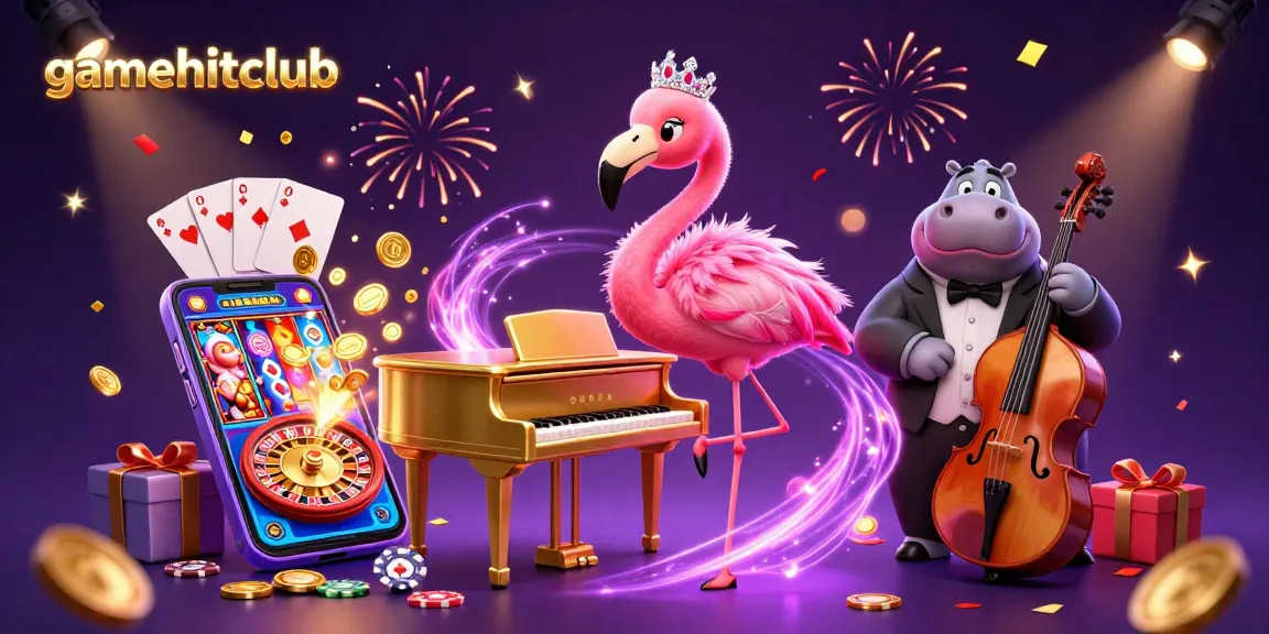 Engage in gamehitclub's dynamic casino experience with a vibrant illustration featuring lively performers and gaming elements.