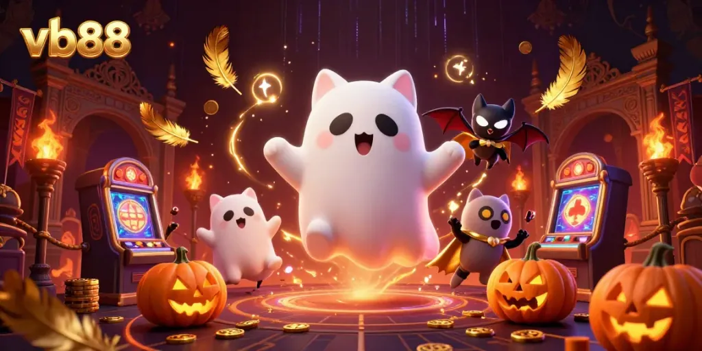 Experience the enchanting world of vb88 with a ghost cat and vampire bat, amidst casino magic.