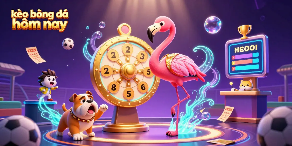 Engage with kèo bóng đá hôm nay as a vibrant 3D cartoon scene showcasing a game show host flamingo, energetic bulldog contestant, and event-themed elements, perfect for online betting.