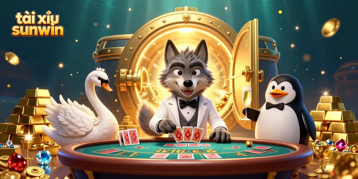 Experience thrilling tài xỉu sunwin excitement with a 3D illustration showcasing dynamic casino characters and treasures.