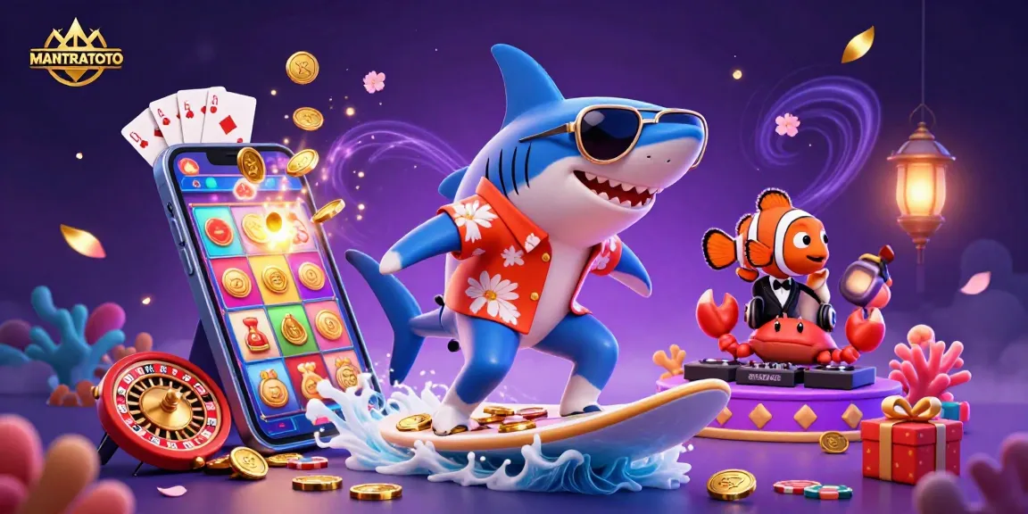 Enjoy thrilling games with MANTRATOTO as a shark surfs through gold coins, showcasing vibrant slot action.