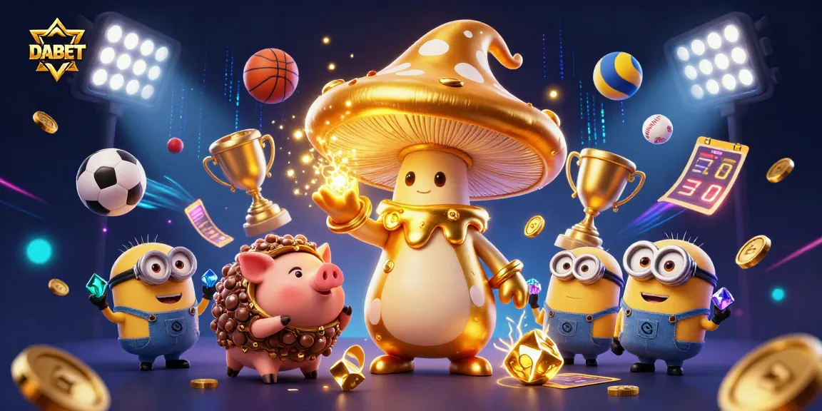 DABET players engaging with a vibrant, magical casino scene featuring a golden wizard and sports elements