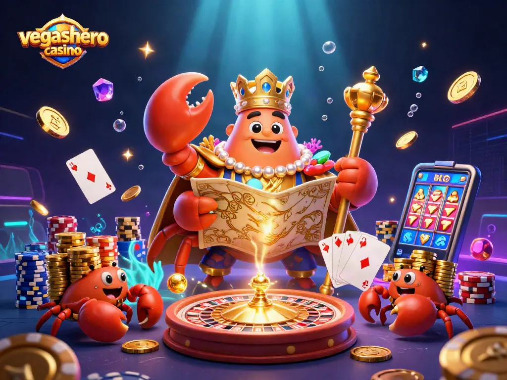 Experience the excitement of vegashero casino with a vibrant 3D scene showcasing a golden crab emperor.