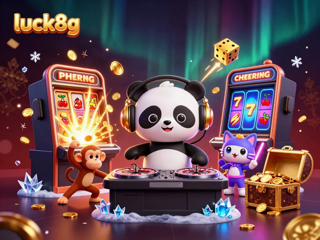 Engage in fun at luck8g with a DJ panda and lively scene of casino games and joyous characters.
