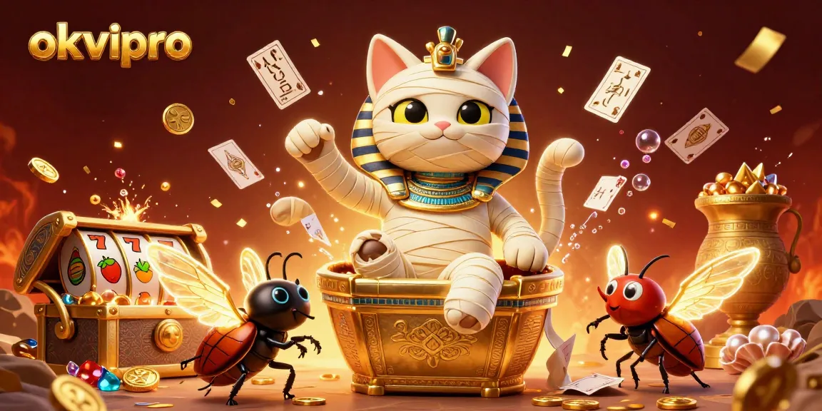 Experience the thrills of okvipro's vibrant 3D casino world featuring Egyptian mummy cats and majestic gold treasures.
