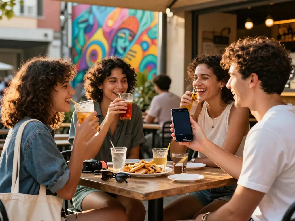 Youthful friends enjoying rokok88 promotions at a trendy café.
