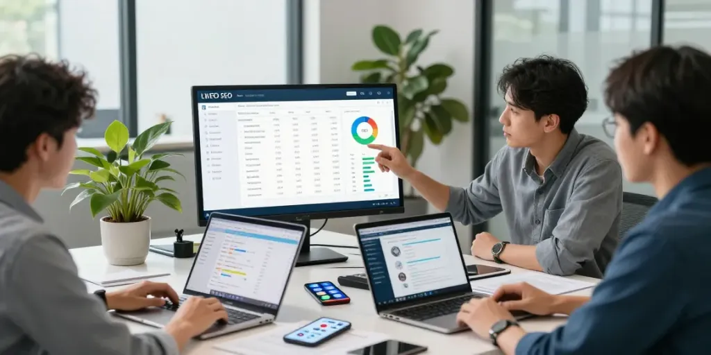 SEO expert analyseert websiteprestaties in een professioneel kantoor met duidelijke strategieën.
