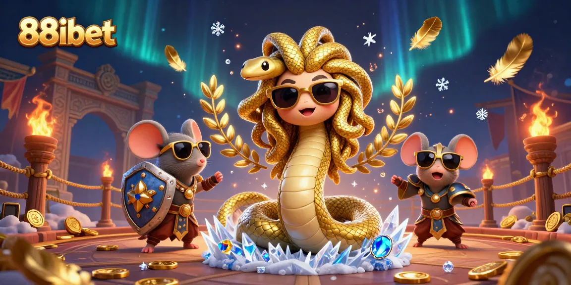 Engage with 88ibet's vibrant gaming experience featuring Medusa and a warrior in a dynamic, rich casino illustration.