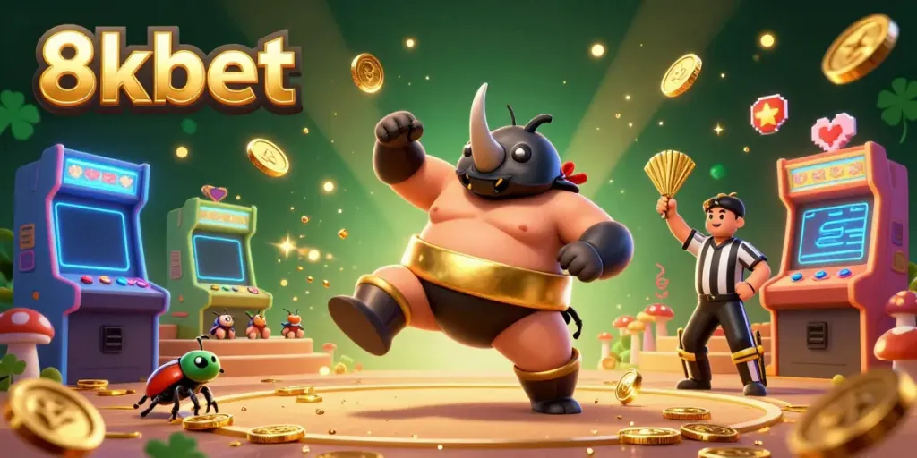 Experience an exciting gambling scene with 8xbet, featuring a sumo champion beetle amidst flying coins and neon game elements.