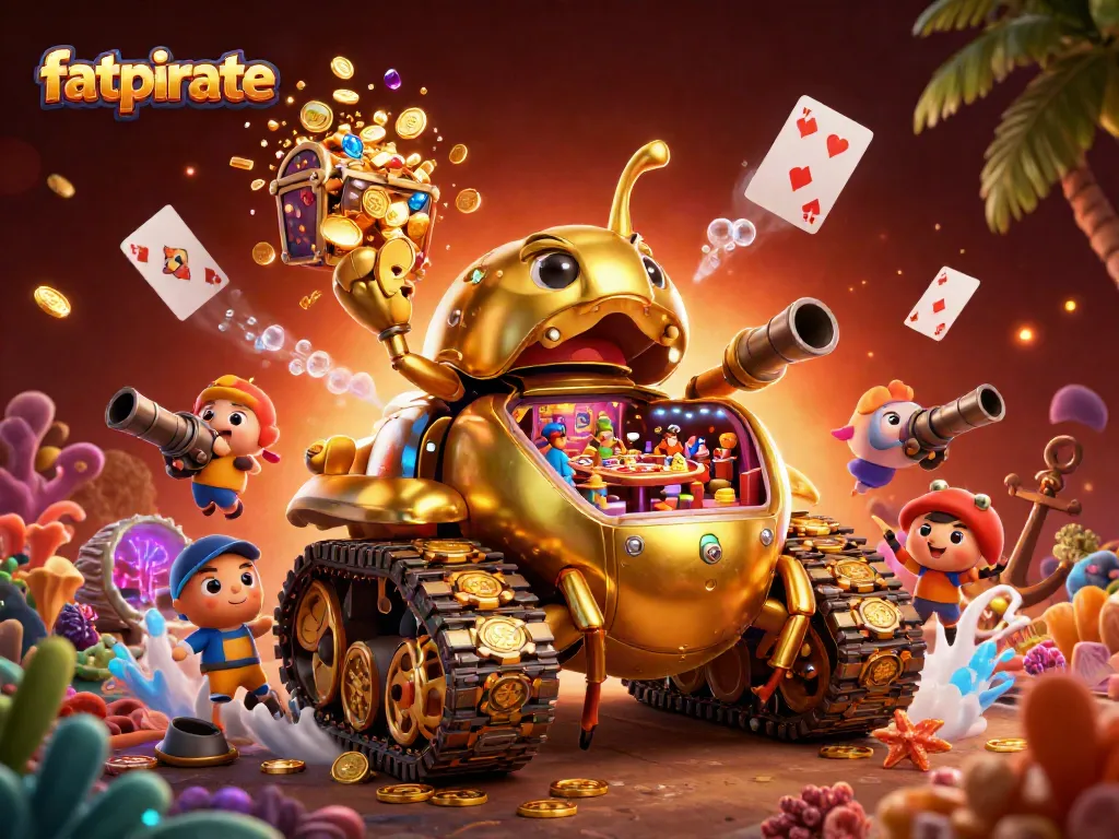 Spin to win at fatpirate with a vibrant mini casino inside a golden beetle tank, surrounded by treasures.