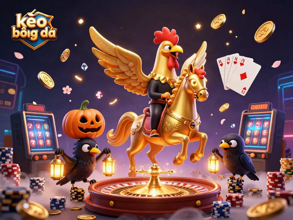 Engage with kèo bóng đá in a vibrant casino scene featuring a golden rooster and sparkling elements.