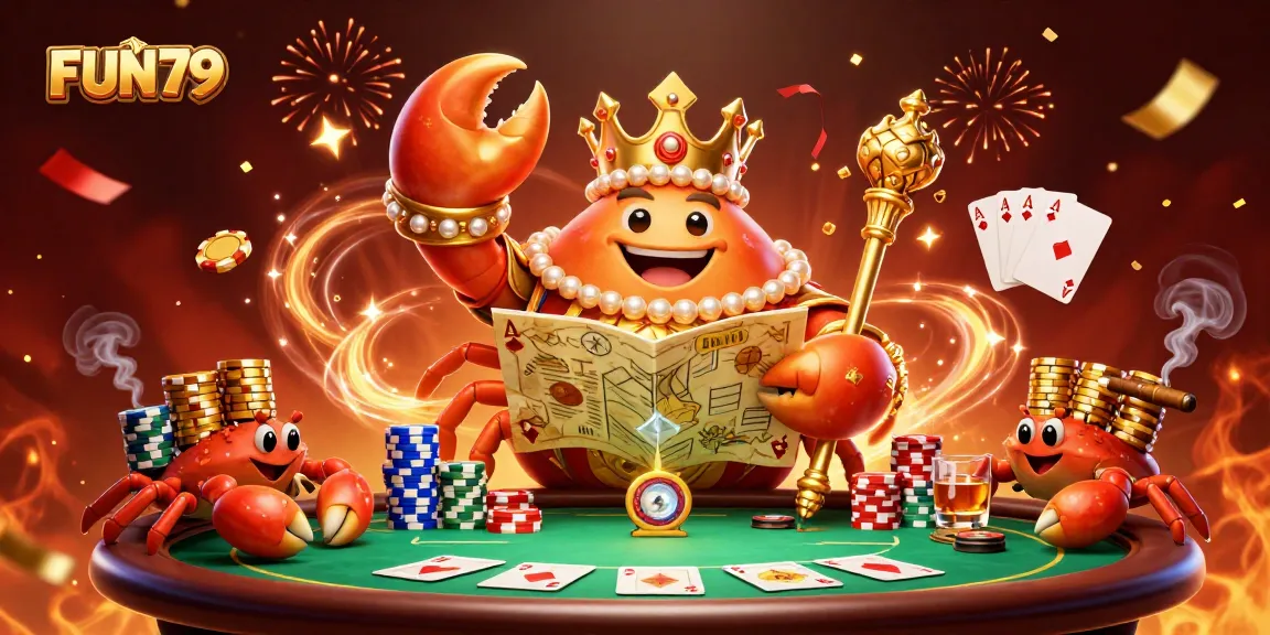 Win big at FUN79 with a dynamic casino scene featuring a golden crab emperor and poker elements.