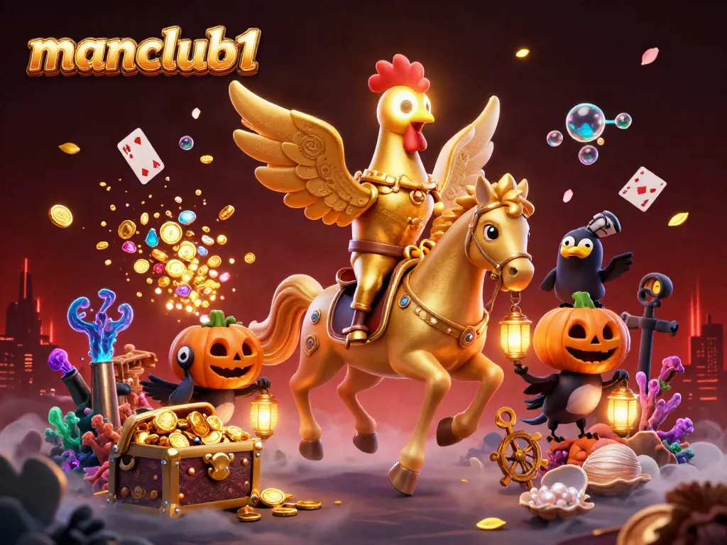 Experience manclub1 with a thrilling scene featuring a golden rooster on a spectral horse in a vibrant casino atmosphere.