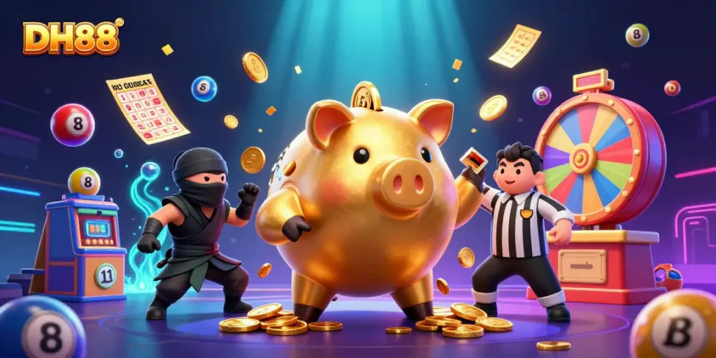 Experience the thrill of DH88 with an animated scene of a sumo wrestler piggy bank and vibrant gaming elements.