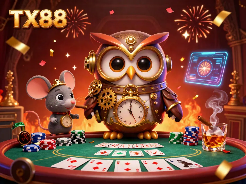 Experience the thrill of TX88 gaming with a dynamic illustration of a cartoon time-traveler owl and poker elements.
