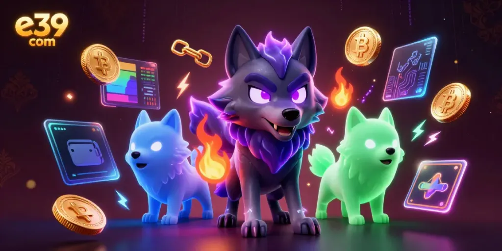 Engaging e39 com themed gaming scene with spectral wolves and crypto elements promoting immersive gameplay.