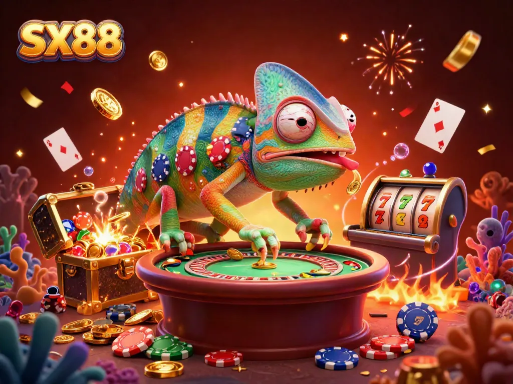 SX88 casino owner chameleon snaps golden coins while surrounded by vibrant gaming elements, capturing energizing atmosphere.