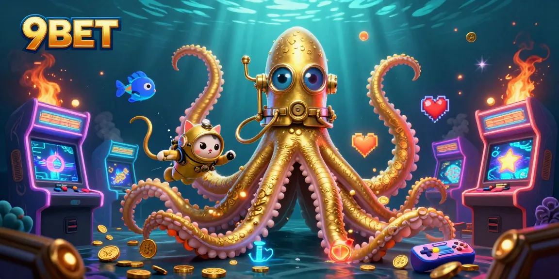 Engage in 9BET gaming adventures with kraken and vintage diving cat in a vibrant underwater scene.