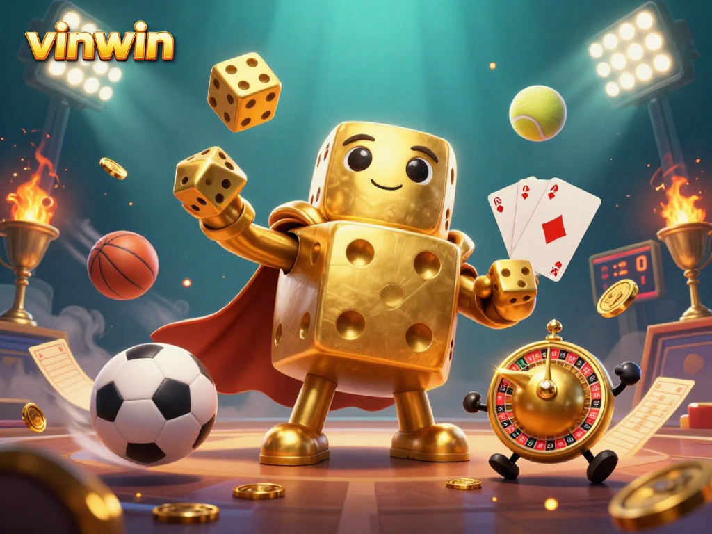 Experience thrilling gaming at vinwin with a lively 3D illustration, featuring dynamic gambling elements.
