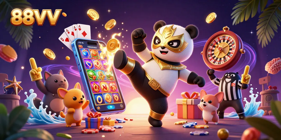 88VV showcases an energetic scene with a panda wrestler in action, highlighting online casino excitement.