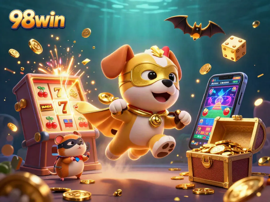 Engage with 98win's exciting casino adventure featuring flying superhero dog and hamster amidst vibrant game elements.