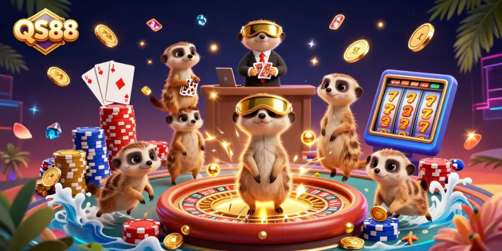 Experience thrilling casino excitement at QS88 with meerkats dealing cards and jackpots.