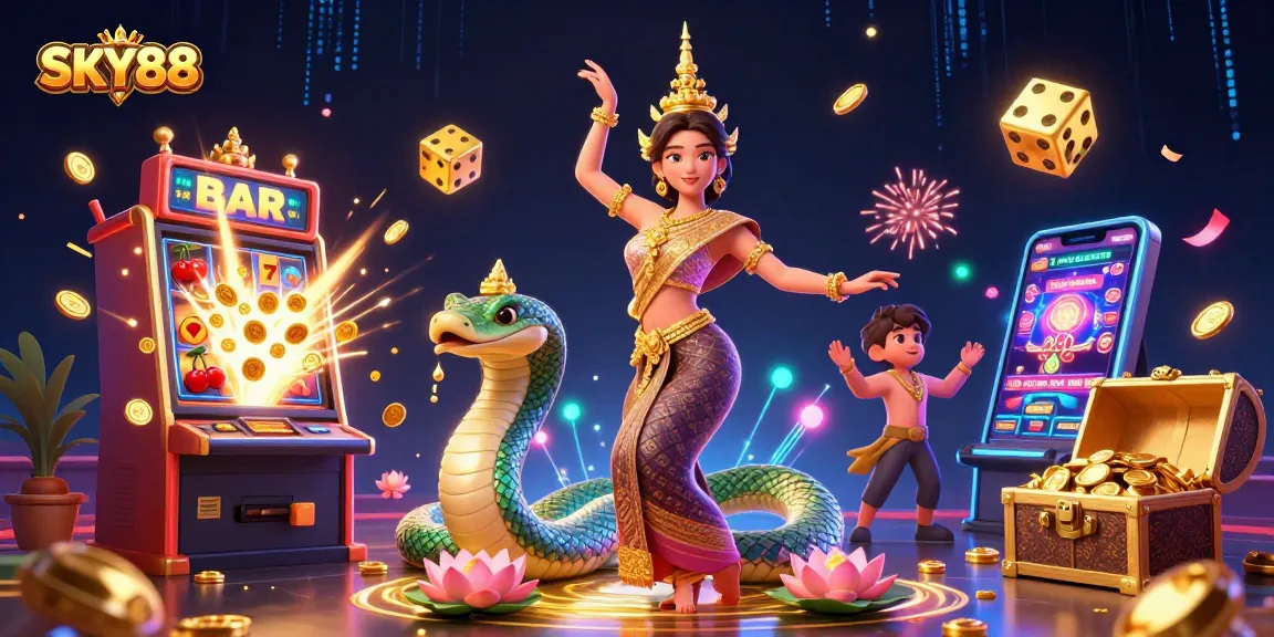 Experience thrilling gameplay at SKY88 with vibrant characters and dynamic casino elements in a mesmerizing scene.