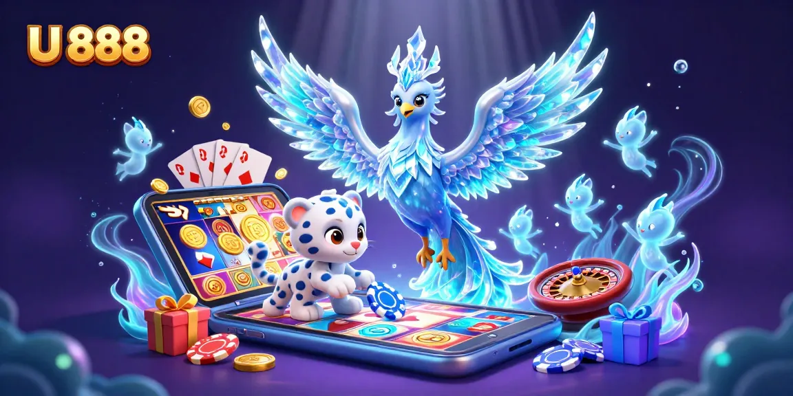 Experience thrilling wins with U 888's vibrant ice phoenix and gameplay excitement in a colorful casino scene.