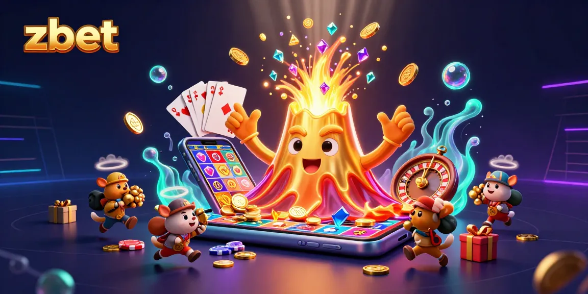 Zbet players spinning colorful slot games while a golden volcano erupts with treasures, showcasing vibrant casino activities.