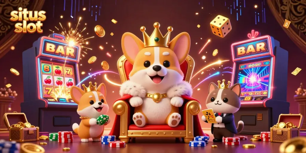 Experience Situs Slot excitement with a royal corgi on a poker chip throne amidst jackpot explosions and vibrant casino action.