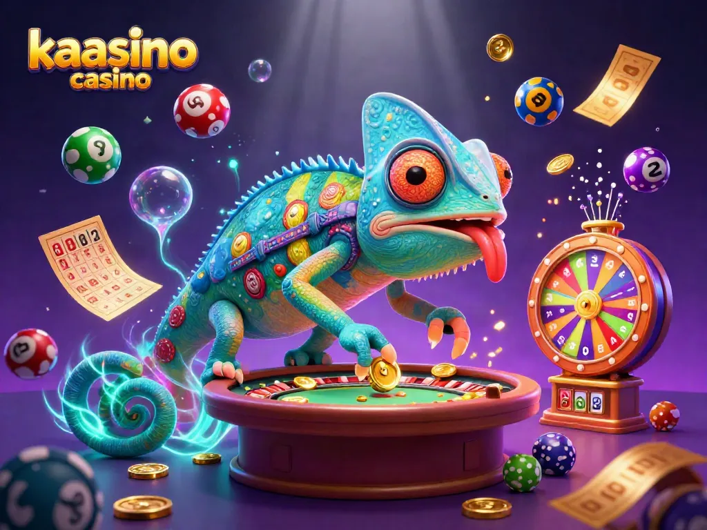 Kaasino casino showcases an enormous chameleon owner amidst vibrant gaming elements, engaging players to win!