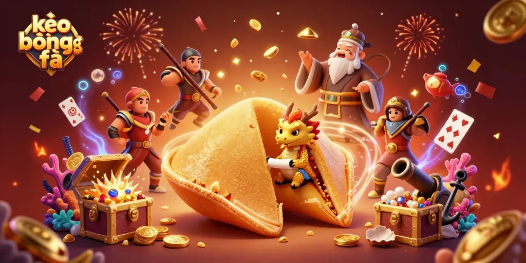 Engage in thrilling kèo bóng đá with a dynamic 3D illustration showcasing golden fortune cookie and magical characters.