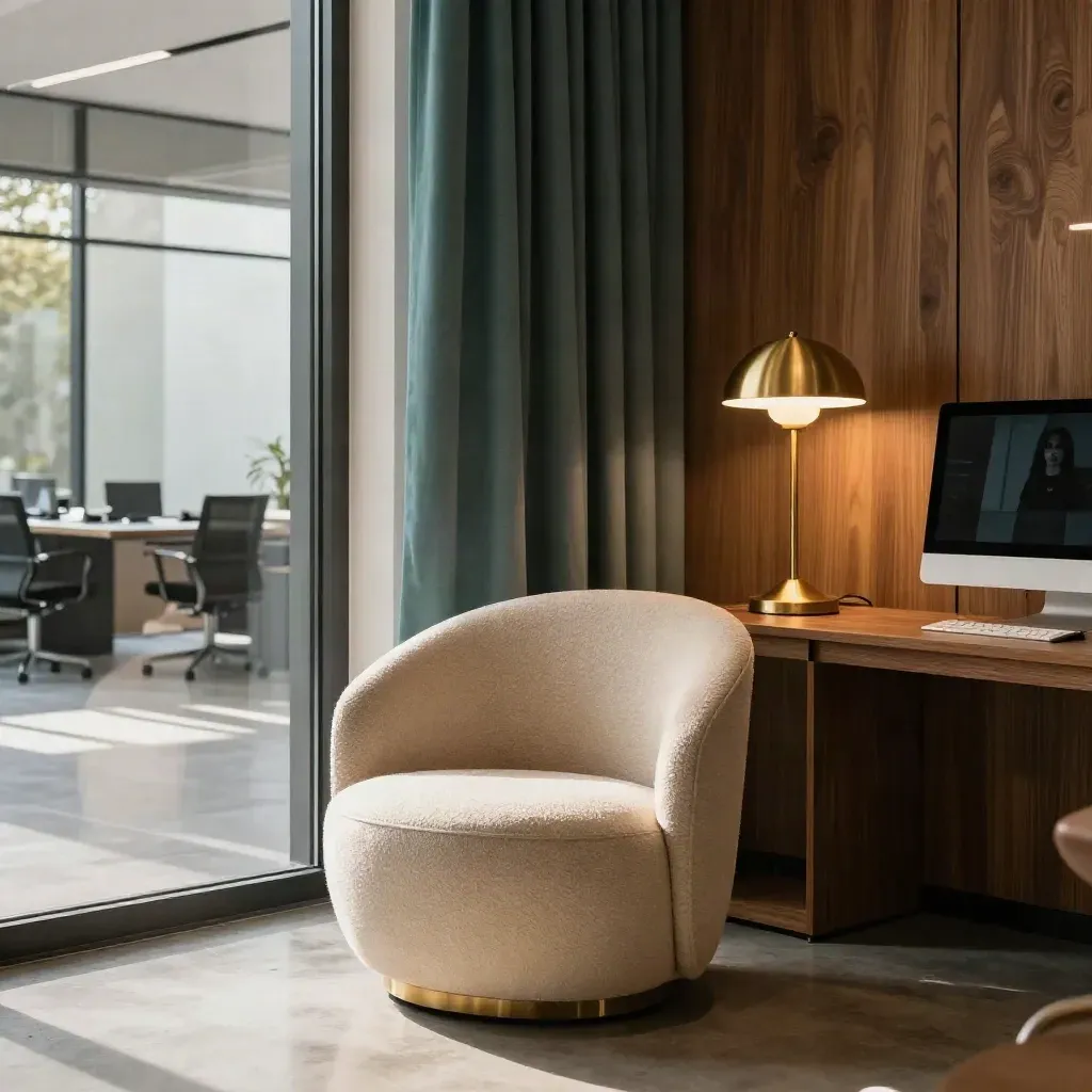 Warme kantoorlobby met stoel, lamp, teal gordijn en monitor voor een bedrijfsfilmopstelling.