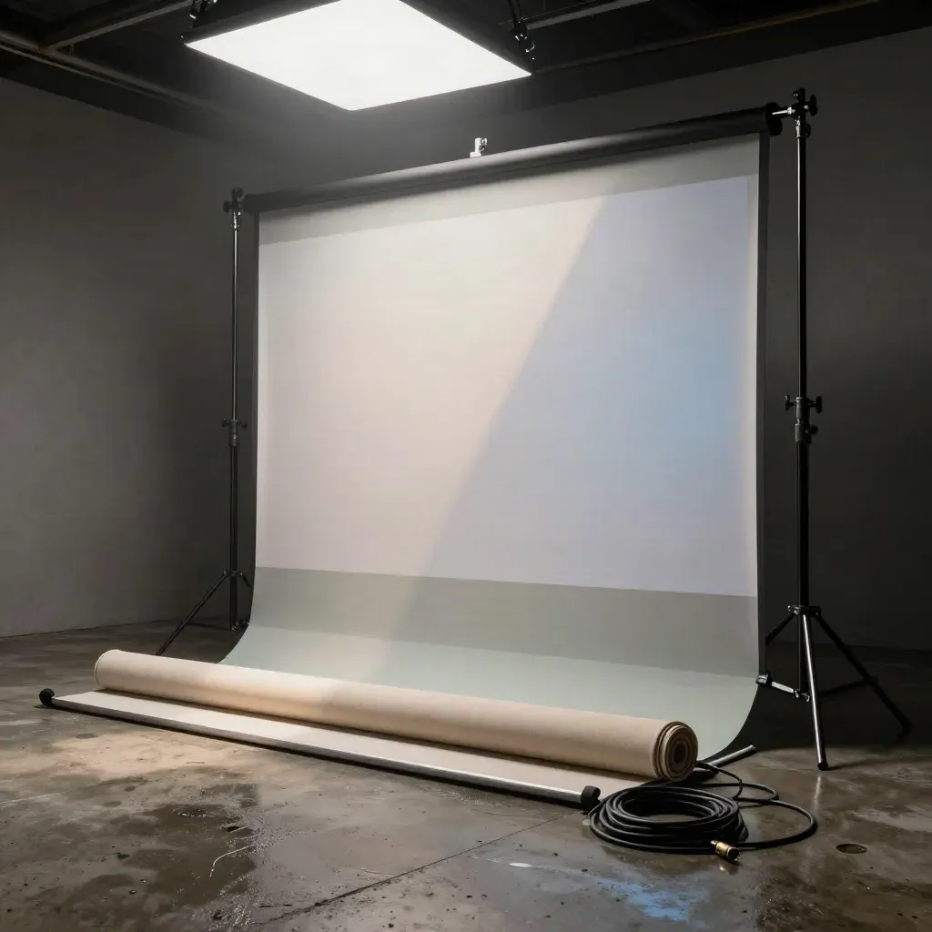 Donkere videostudio met kabels, doeken en een zachte projectie op frosted acryl.