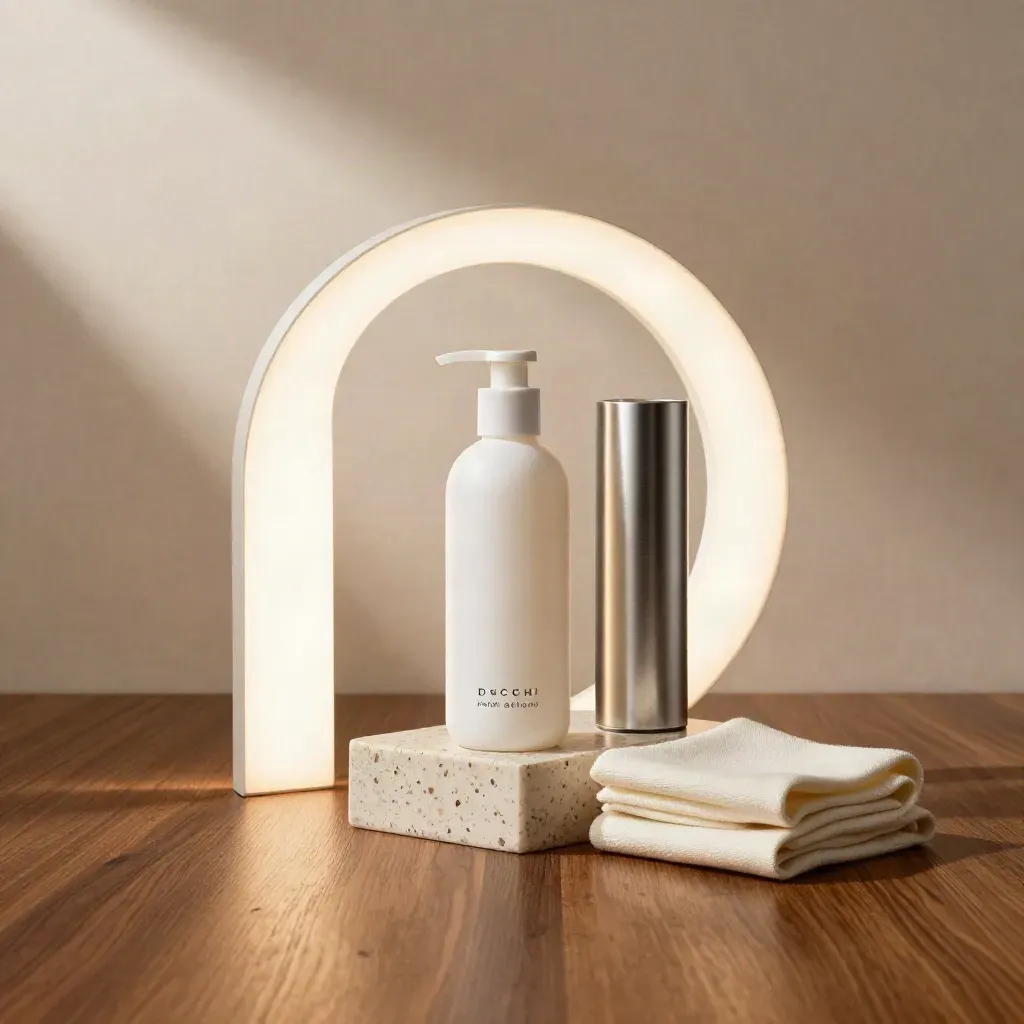 Productstage met witte hero-fles op sokkel, lichte panelen en warm hout in een studio.