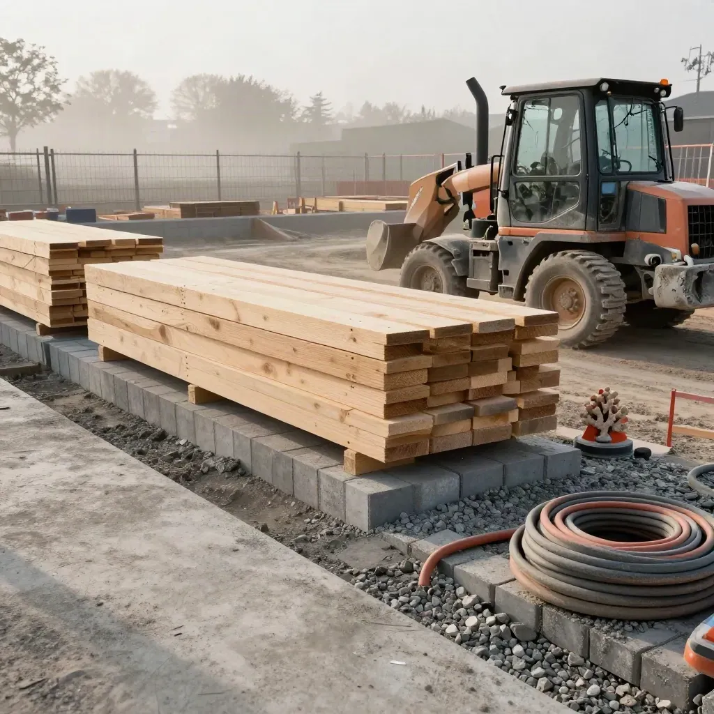 Leeg bouwterrein in Amersfoort met gestapeld hout, strak metselwerk en mistig ochtendlicht.