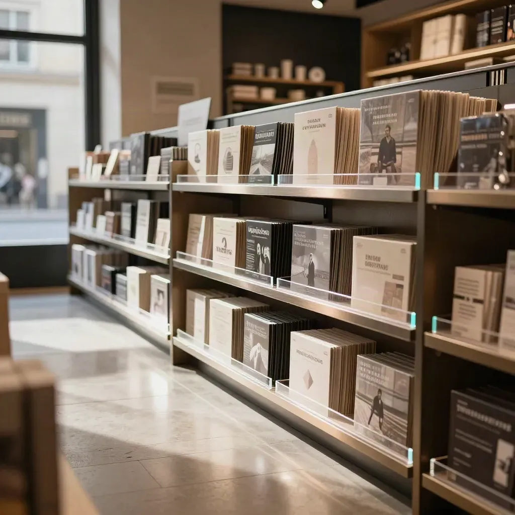 Leeg winkelinterieur met verlichte etalage en strak uitgelijnde productblokken.