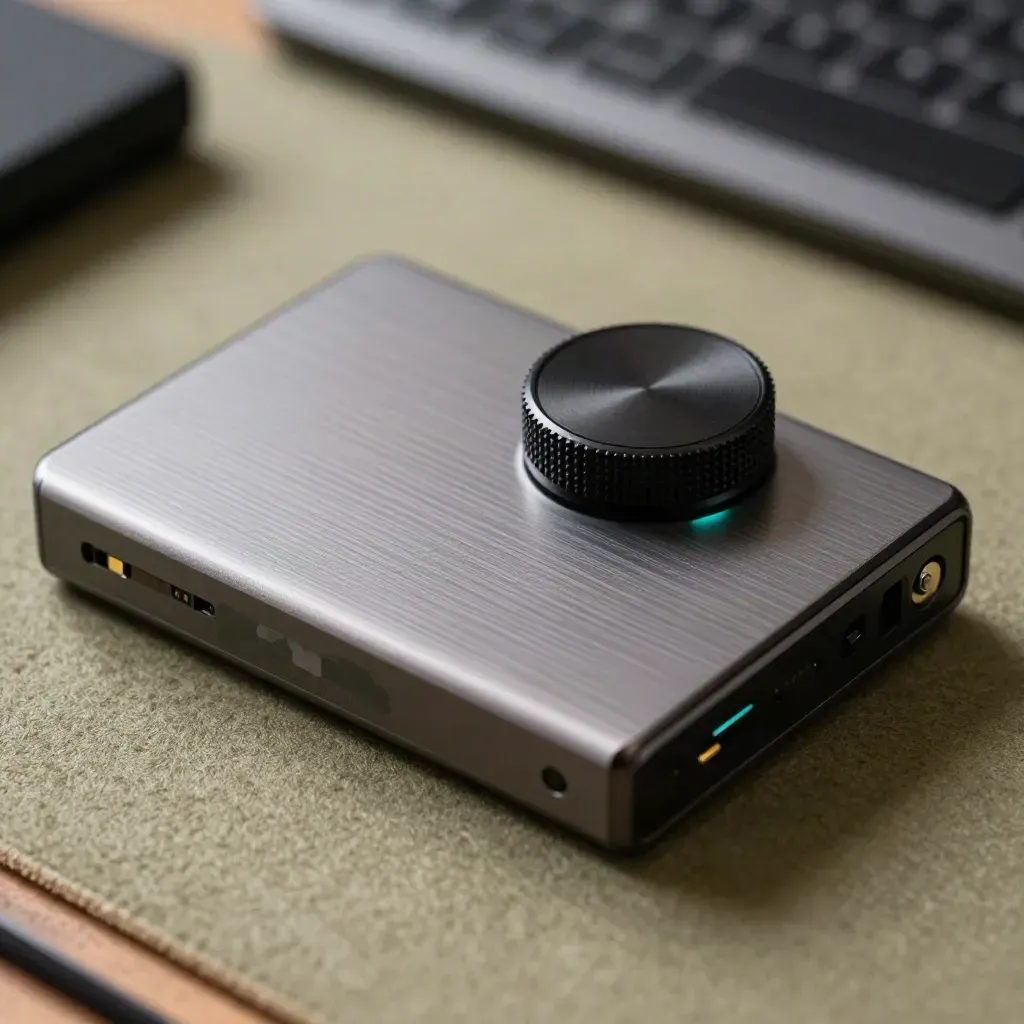 Close-up van SSD, grading puck en grijskaartstrip op een kleurcorrectiebench met koel teal licht.