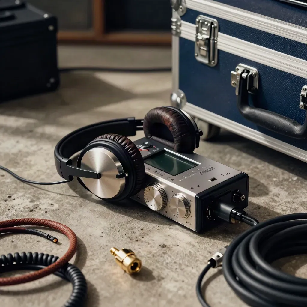 Field recorder, koptelefoon en XLR-kabels op beton in dramatisch licht.