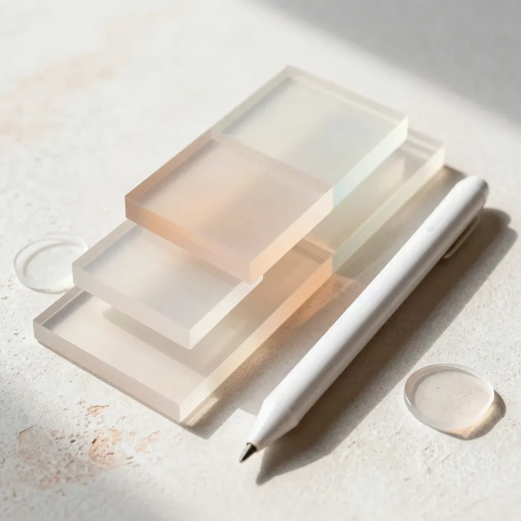 Transparante acrylvormen, stylus en geometrische blokken op een lichte werktafel.