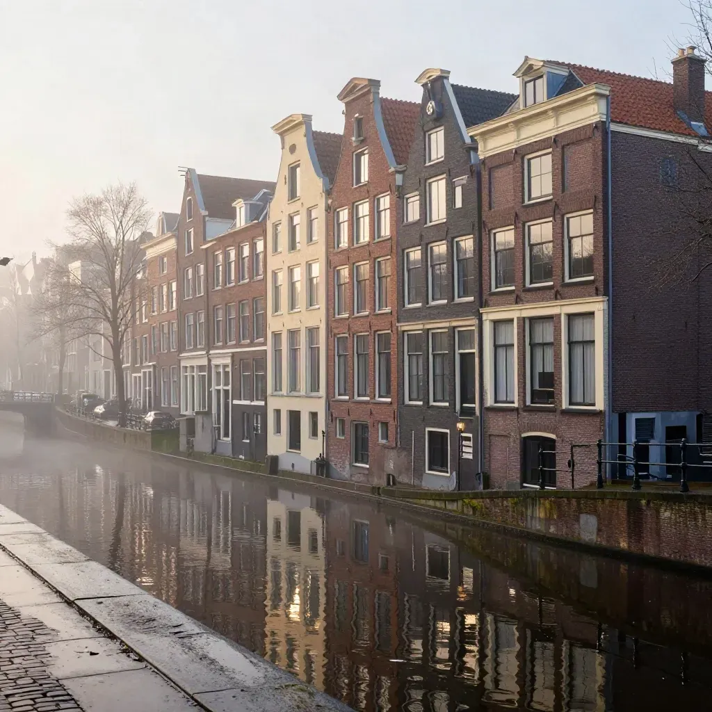 De Amsterdamse grachtengordel in ochtendmist, met gevels hoog in beeld en rustig water beneden.
