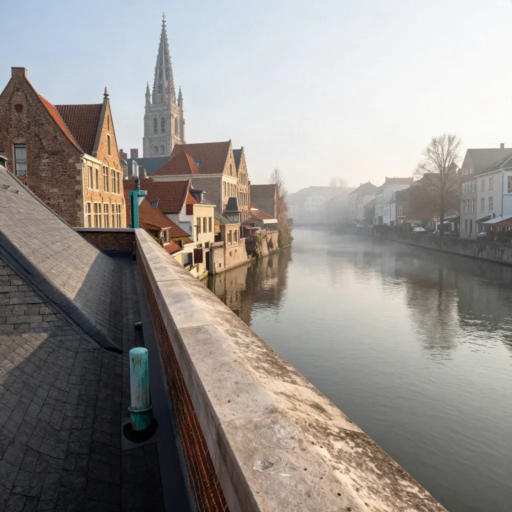Domtoren boven Utrecht in ochtendmist met stille gracht en stenen kade