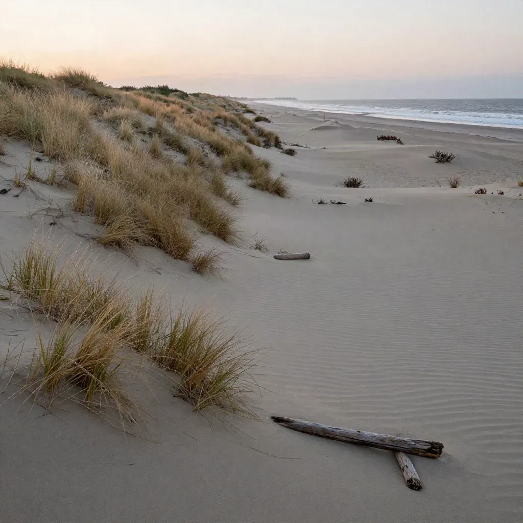Duinlandschap bij Scheveningen met zachte kustlijn en mistige avondlucht