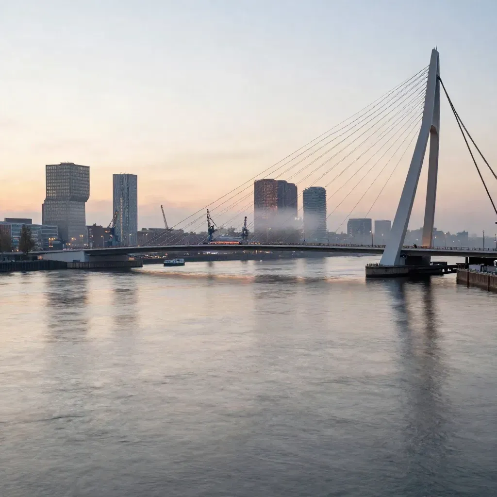 Rotterdamse Erasmusbrug boven de Maas in blauwe uursluier, met kalm water en skyline in de mist.