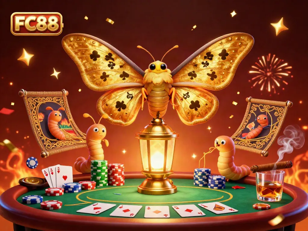 FC88 showcases the vibrant energy of casino life, featuring a majestic moth and vivid poker elements.