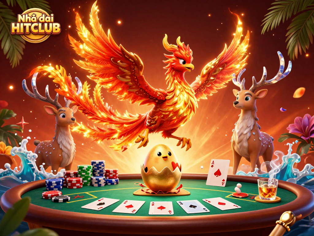 Experience thrilling gaming at Nhà cái HITCLUB with poker elements and vibrant characters.