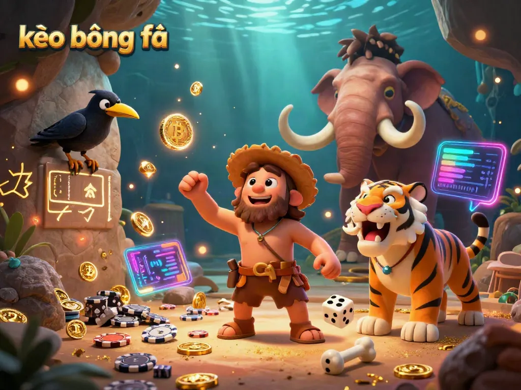 Engage in kèo bóng đá with a vibrant prehistoric casino scene featuring a caveman, saber-tooth tiger, and a clever crow.