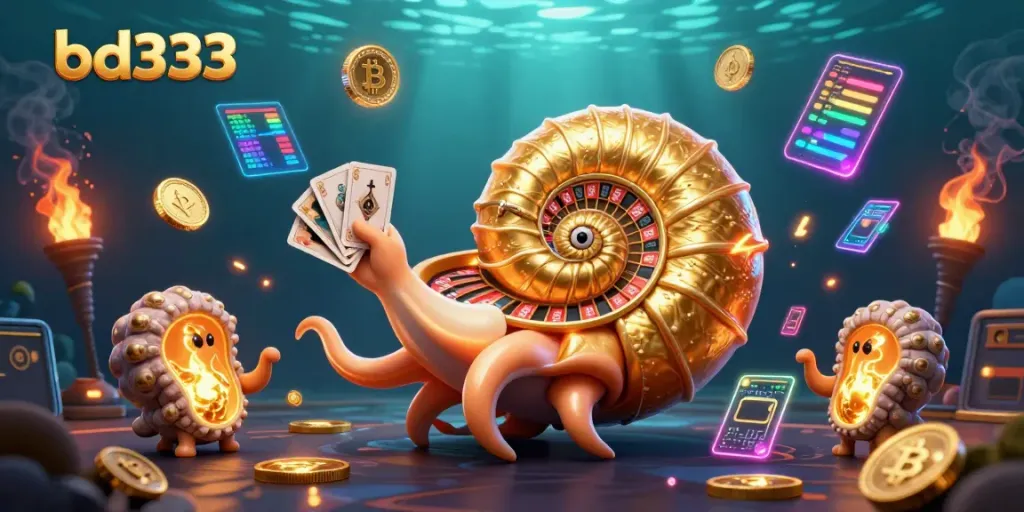 Experience the thrill of a dynamic gaming scene with bd333 featuring a giant nautilus roulette wheel and cryptocurrency elements.