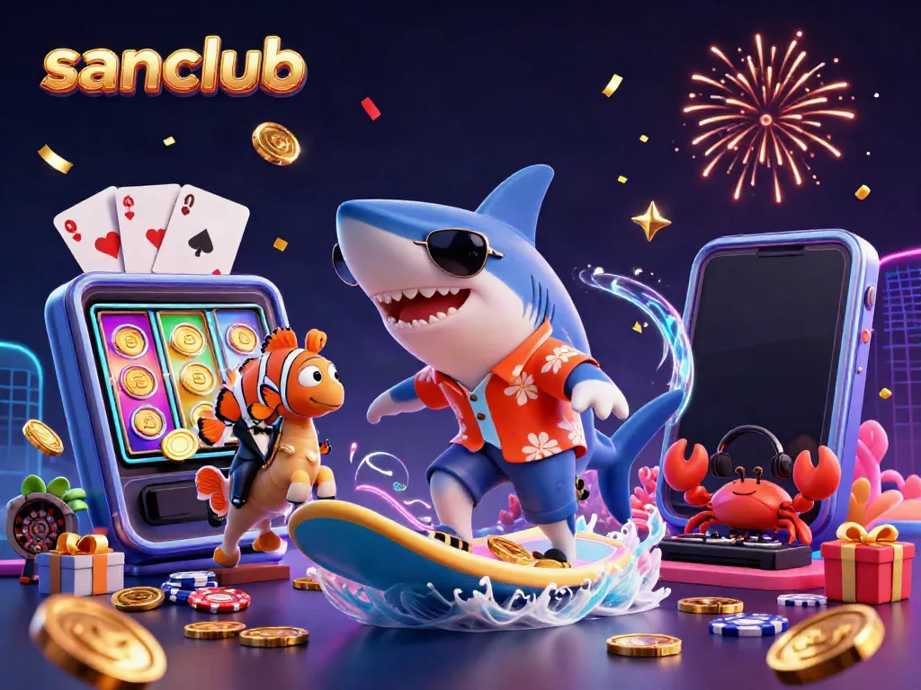 Experience fun gaming at sanclub with a shark, clownfish, and crab DJ amidst vibrant casino elements.